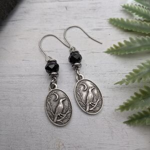 Silver-Tone Raven Moon Drop Earrings with Black Beads